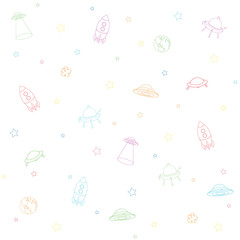 Seamless texture with space rocket, ufo, earth and moon. Vector