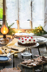 Table setting with chocolate cake