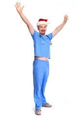 Happy excited Christmas santa doctor.