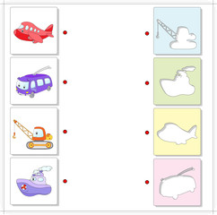 Aircraft, trolleybus, crane and ship. Educational game for kids