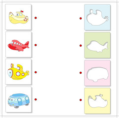 Aircraft, submarine, bus and ship. Educational game for kids
