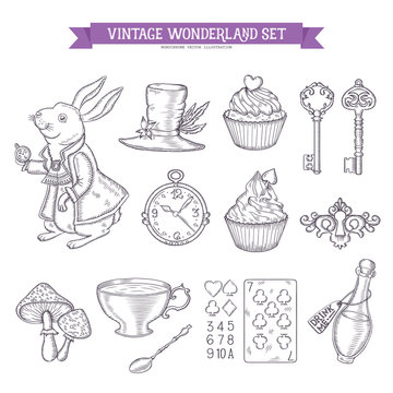 Wonderland hand drawn set of design elements.