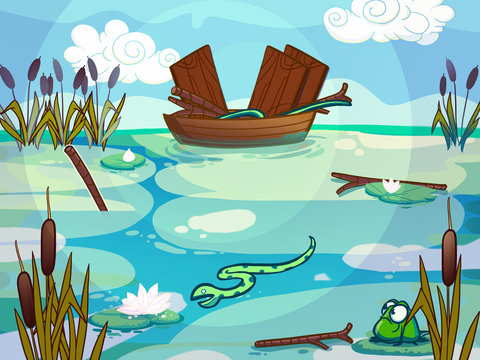 Boat on a lake raster illustration drawn in cartoon style.
