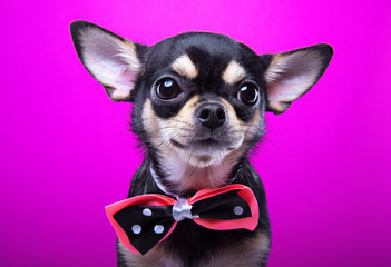 Beautiful chihuahua dog with bow-tie. Animal portrait. Chihuahua dog in stylish clothes. Pink background. Colorful decorations. Collection of funny animals