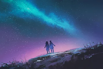 Wall murals pruning young couple standing holding hands against the Milky Way galaxy,illustration painting