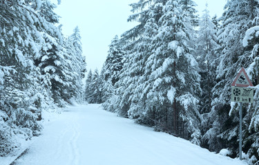 Fototapeta premium Snowy mountain pass road.
