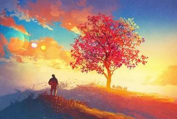 Foto op Canvas autumn landscape with alone tree on mountain,coming home concept,illustration painting © grandfailure