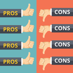 Hands with thumbs up and thumbs down. Pros and cons concept