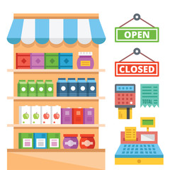 Supermarket shelves and general store equipment flat illustration concept