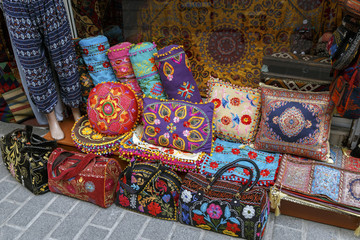 Fototapeta premium Colorful Turkish design cushions and bags in Istanbul, Turkey