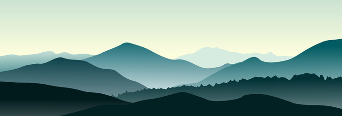 Mountain landscape in the summer morning. Horizontal vector illustration.