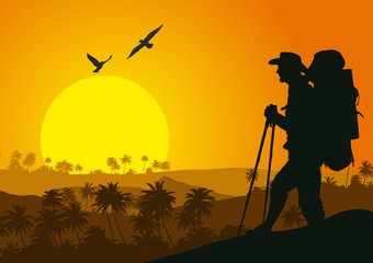 Sunset in the tropical mountains with silhouette of the tourist. Vector illustration.