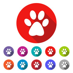 cat paw print vector icon - colored(gray, blue, orange, green, red) round buttons with long shadow
