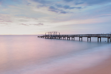 Fototapeta na wymiar Panorama scene of wooden bridge along twilight sky at beautiful