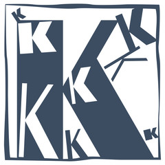 Pattern-like square decoration of letter K, consisting of positive and negative spaces in black and white