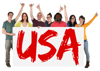 USA multikulturell Gruppe junge Leute People halten Schild