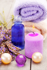 Fototapeta na wymiar Lavender oil and bath pearls