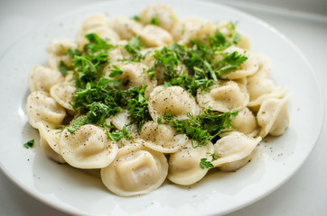 Boiled russian dumplings on the plate with parsley