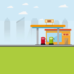 Gas Station With Pumps And Cash Building With City Background