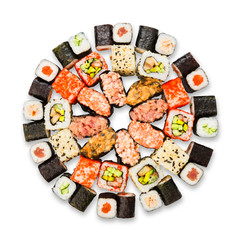 Set of sushi, maki and rolls isolated at white