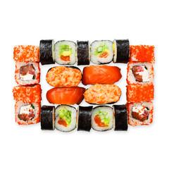 Set of sushi, maki and rolls isolated at white