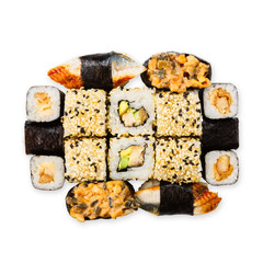 Set of sushi, maki and rolls isolated at white