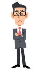 眼鏡をかけたビジネスマンが腕組みして考える