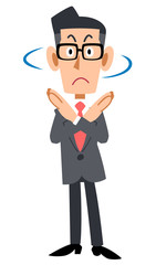 眼鏡をかけたビジネスマンが拒否の仕草を示す