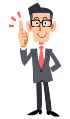 眼鏡をかけたビジネスマンが人差し指を立てて説明する