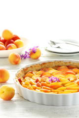Apricot pie on white wooden background