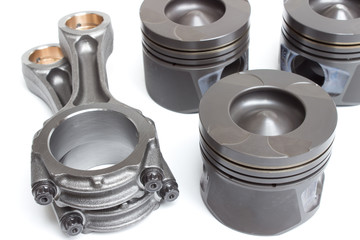 connecting rods and pistons, engine parts. elements of the crank mechanism isolated on a white background