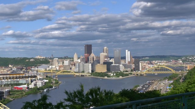 An establishing shot of the city of Pittsburgh as seen from the West End Overloo