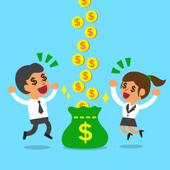 Businessman and businesswoman earning money together for design.