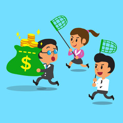Businessman and businesswoman running to catch money bag from boss for design.