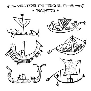 Vector petroglyphs. Boats