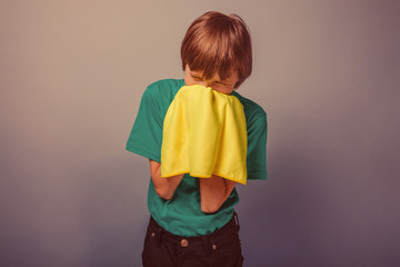 European-looking boy of ten years is ill, a handkerchief on a gr