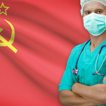Surgeon with flag on background series - USSR - Soviet Union