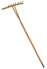 Garden rake isolated on white.  Vintage Retro Wooden Rake Handmade
