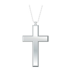 Silver Christian Cross with necklace chain, jewelry crucifix isolated on a white background.