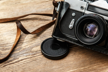 Retro camera in leather case