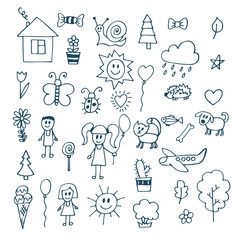 Children drawing. Doodle set of objects from a child's life