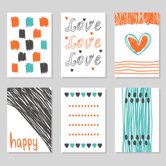 Collection of hand drawn romantic cards and invitations. Trendy