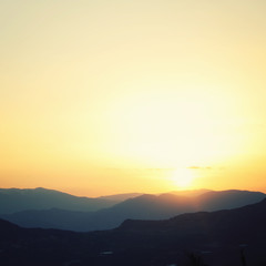 Sunset in Turkey. Mountains near Adrasan. Turkey landscape. Quiet spring evening. Aged photo. Walking the Turkey's Lycian Way. Antalya Province, Turkey.
