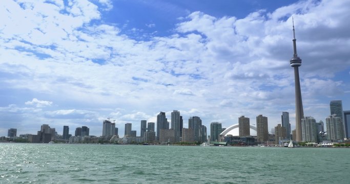 4K Wide Shot Toronto Skyline from Lake Ontario with CN Tower