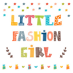 Little fashion girl card. Cute graphic for kids
