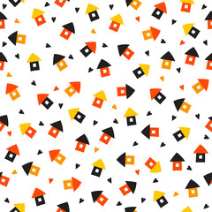 Seamless pattern with little houses and hearts. Cute background