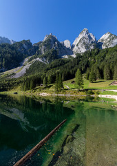 Fototapeta na wymiar Beautiful landscape of mountains and lake on summertime, Gosausee lake, Alps, Austria, Europe.