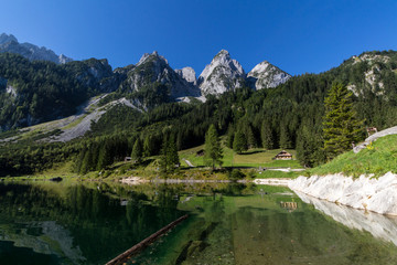 Beautiful landscape of mountains and lake on summertime, Gosausee lake, Alps, Austria, Europe.