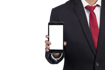 business man holding in hands smartphone on white background
