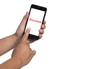 Hand holding and Touch on Black Smartphone with Success Text